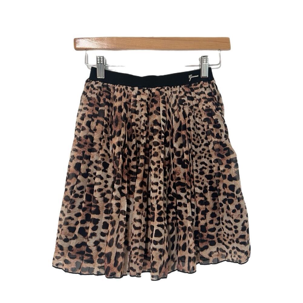Guess Kids Girls Leopard Print Skirt Size 8Tan Brown Pleated Logo Chic Lined